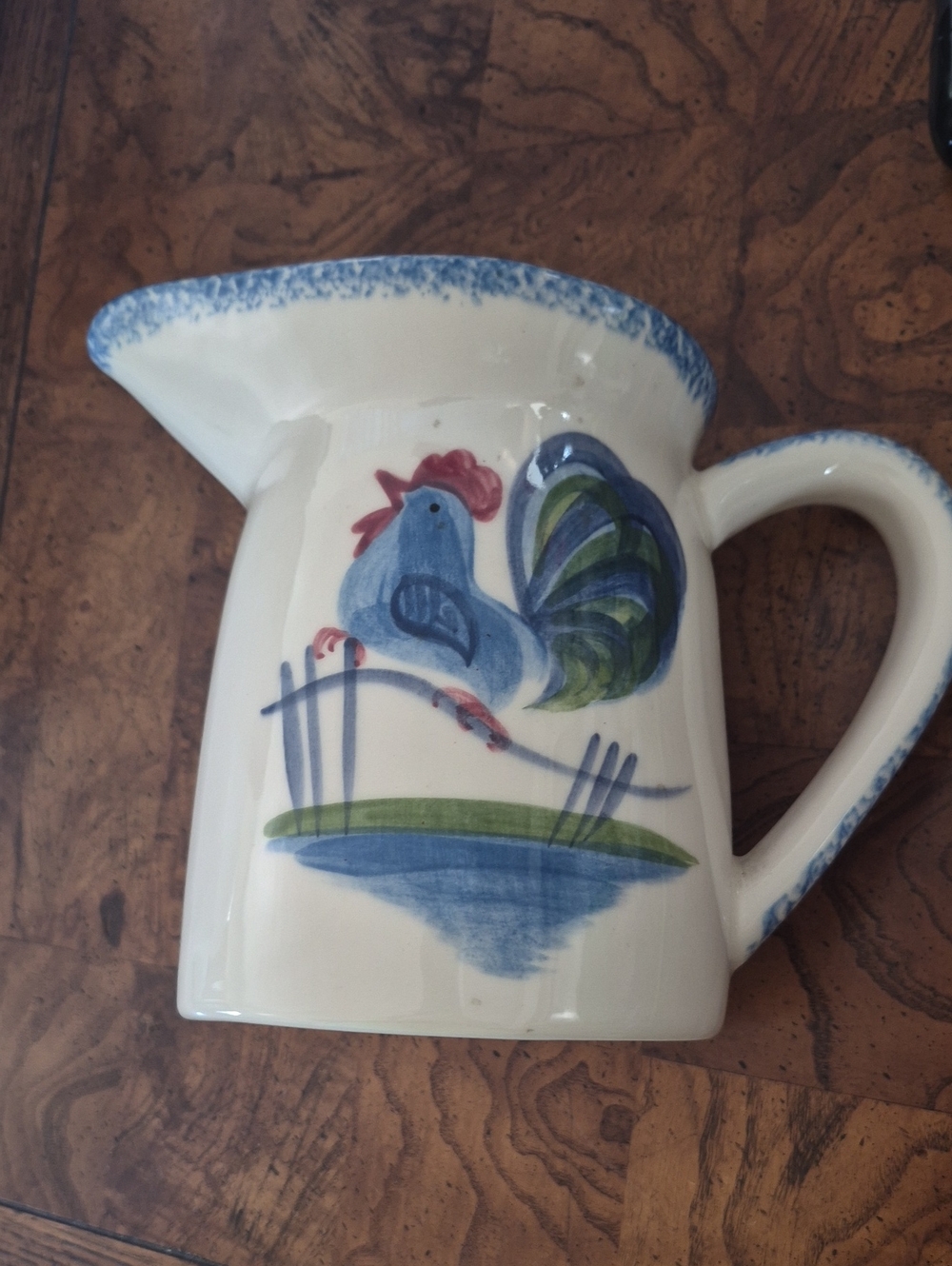 Vintage Hand-Painted Rooster Ceramic Pitcher in Cream, Blue & Green